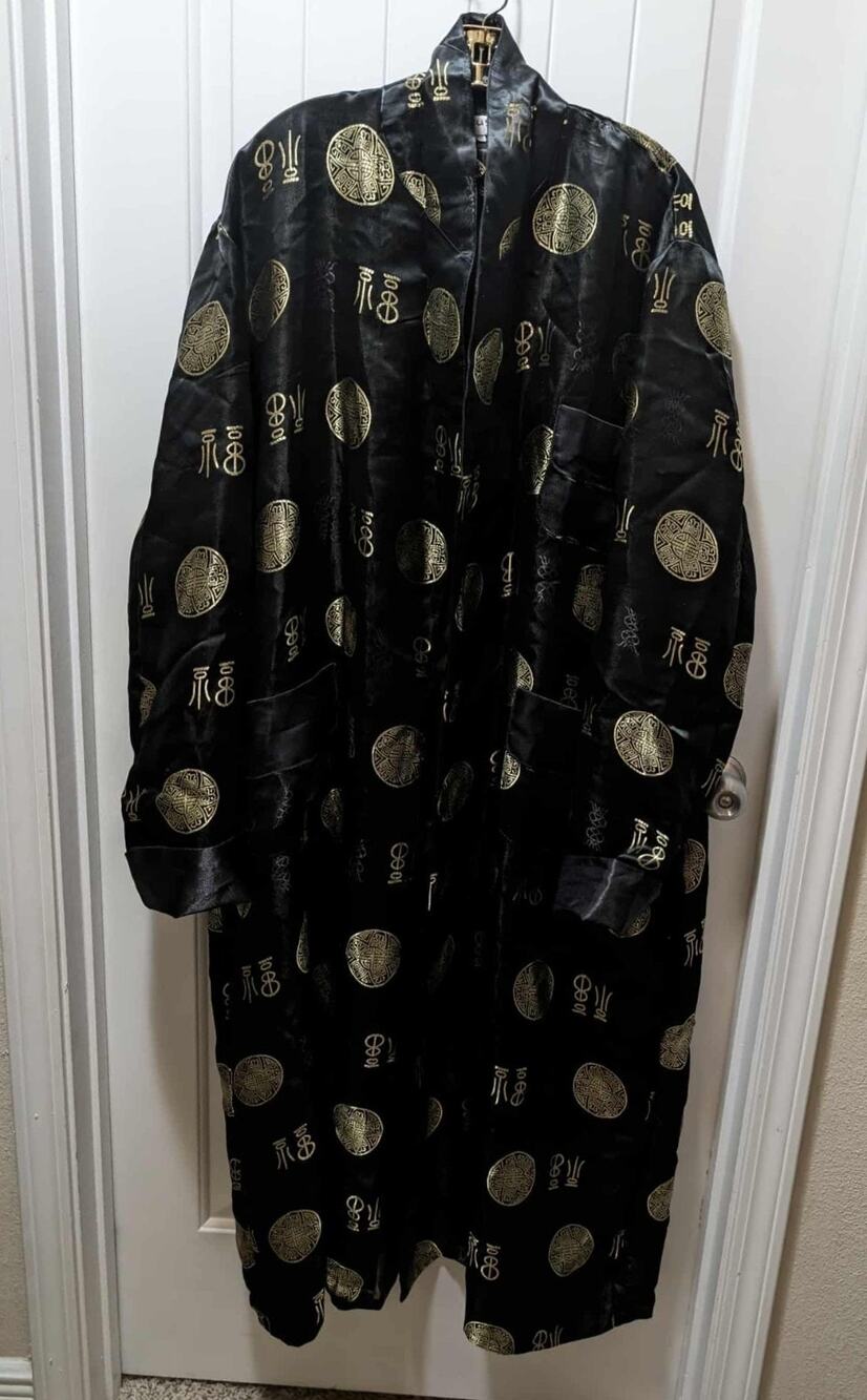 Vintage Lotus Black and Gold Medallion Satin Short Robe Asian Style Size XXL